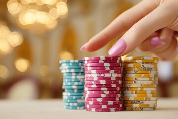Naklejka premium Close-up of a woman's hand with pink nails touching a stack of red casino chips, with blue and yellow stacks on a blurry background, creating a sense of gambling and risk.