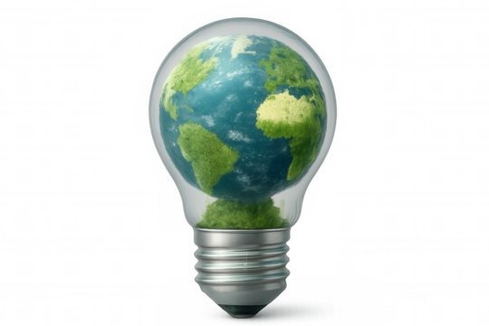 Grass-covered earth globe inside light bulb symbolizing renewable energy and environmental conservation, on a transparent background