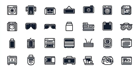 Simple, outlined icons of vintage and retro electronics and photography equipment