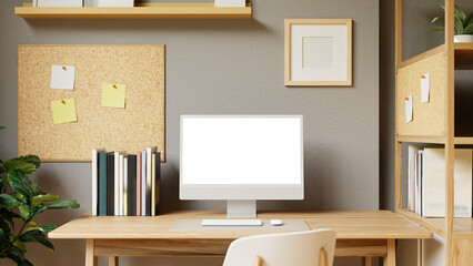 3D rendered home office workspace with computer, corkboard, books, and wooden desk in minimalist style