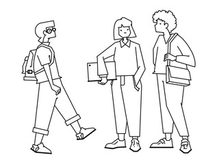 A set of people carrying school bags and a laptop. Vector illustration outline of students, studying, back to school concept isolated on a white background.