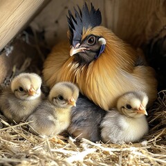 Fototapeta premium Hen with chicks in a nest
