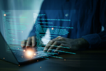 IT Information Technology. Developer presenting IT upgrade plan in modern office.
