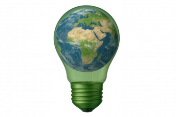Green light bulb containing planet earth promoting environmental conservation, with transparent background