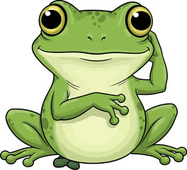 Cute green frog character pondering thoughtfully with fingertip to cheek vector
