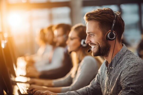 A smiling customer service representative wearing a headset is assisting customers alongside his colleagues in a busy office environment, lit by warm sunlight.