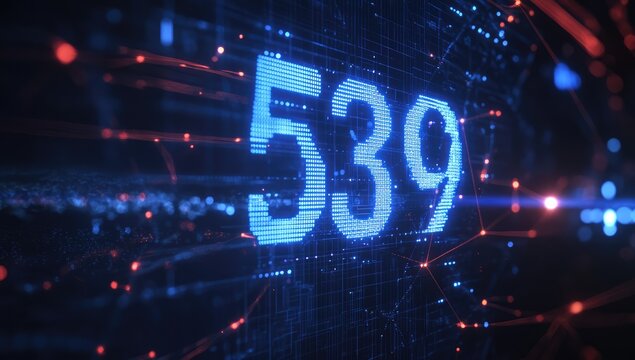 Digital data visualization of "539" numbers in blue, with complex network connections and charts.