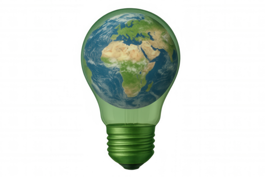 Green light bulb containing planet earth promoting environmental conservation, with transparent background