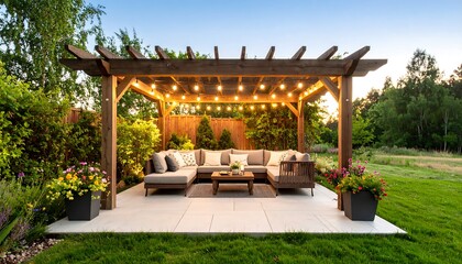 Obraz premium Outdoor wooden pergola with seating area at twilight