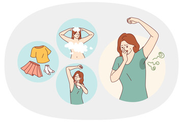 Woman fights smell sweat by using deodorant and putting on clean clothes after taking shower. Girl feels stench and smell of sweat due to violation of hygiene rules and lack of air conditioning system