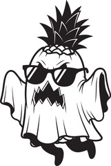 Vector art of spooky cartoon pineapple ghost character wearing sunglasses, floating and looking scary