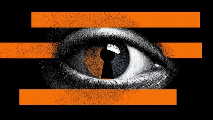 A stylized eye, half-black and white, with an orange keyhole within its pupil.  Horizontal orange stripes span the image, creating a sense of tension and constraint