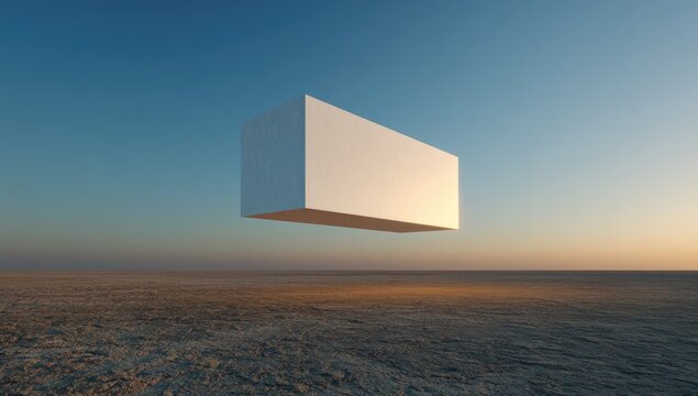 A large, white rectangular prism hovers over a vast, sandy expanse under a pale sky at dawn or dusk