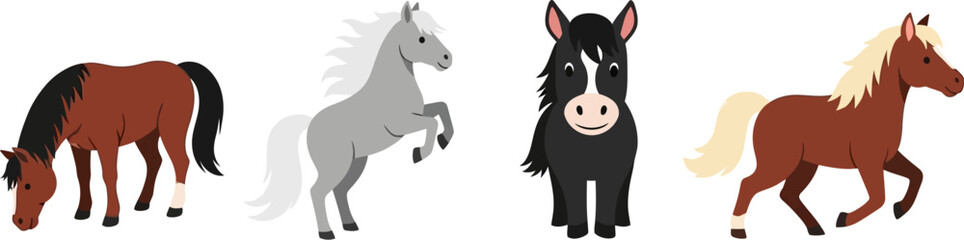 Four distinct horses diverse breeds galloping and standing isolated on dark backdrop vector