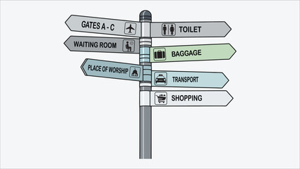 Conceptual vector illustration of a multi-directional signpost providing airport navigation, passenger guidance, and terminal information