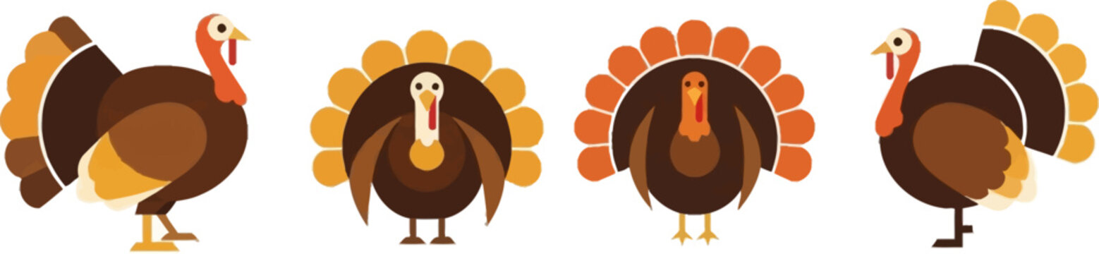 Four festive cartoon turkeys ready for thanksgiving celebrations vector