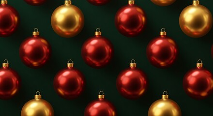Festive red and gold ornament pattern on green background for holiday designs