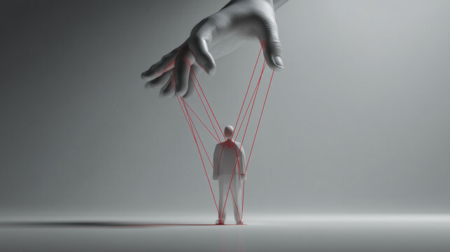 Giant Hand Controlling Person with Red Strings
