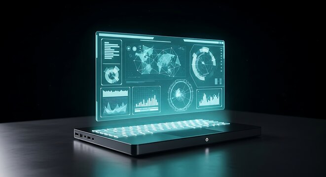 Futuristic laptop with holographic display showing data analysis and global map.