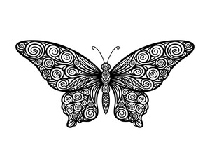 Intricate black and white butterfly design isolated on white background