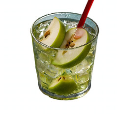 Green apple flavored soda with ice cubes and fresh apple slices.