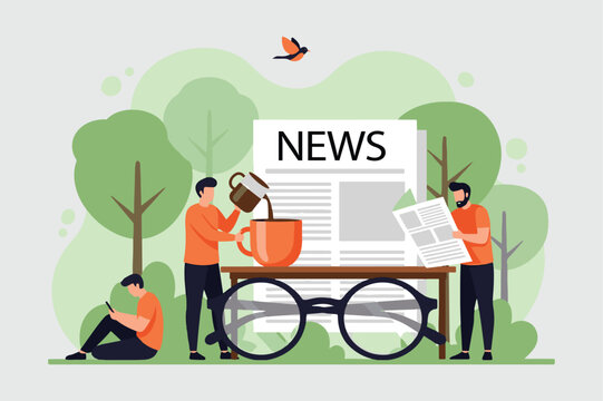Vector art of people reading newspaper, drinking coffee, and using phone in a park with trees and nature