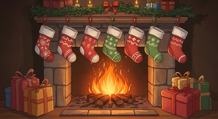 Festive fireplace scene with stockings and gifts for christmas holiday