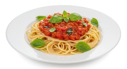 Savor the rich, vibrant flavors of classic spaghetti marinara topped with fresh basil, a perfect culinary delight for any occasion, ready to inspire your next meal.