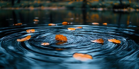 Orange autumn leaves floating on dark blue water with circular ripples nature fall
