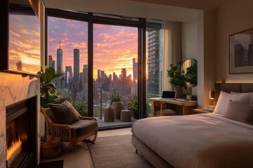 Fototapeta premium Modern Bedroom with Stunning City Skyline Sunset View