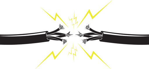 Vector art of severed electrical wires with sparks flying, symbolizing a short circuit or danger