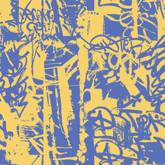 Monochrome blue and yellow background with wall tag and letters. Abstract spots, spray and splashes painted with an aerosol can, graffiti collage. Street art pattern. Vector seamless wallpaper © Юрий Парменов