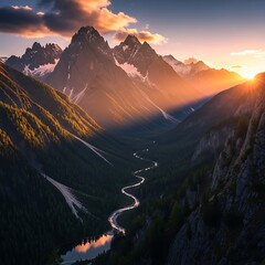 Majestic Mountain Valley at Sunset - A Serene Landscape.