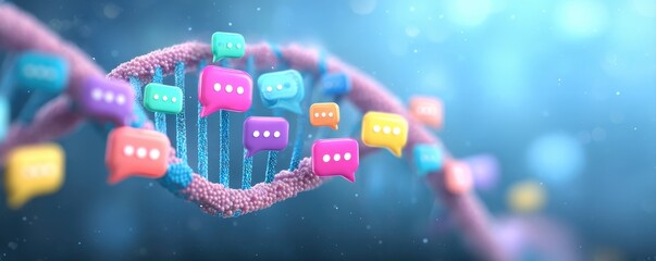 A colorful representation of DNA intertwined with vibrant speech bubbles, symbolizing communication and genetic information exchange.