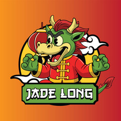 Dragon in traditional Chinese outfit, sitting cross-legged celebrating Lunar New Year Illustration