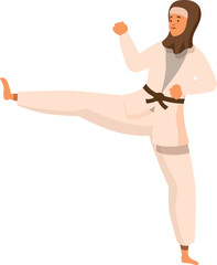 Athletic female athlete practicing martial arts, wearing hijab and white keikogi, executing a powerful kick