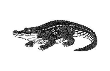 Fototapeta premium Black and white illustration of a crocodile with tribal patterns, isolated on white background