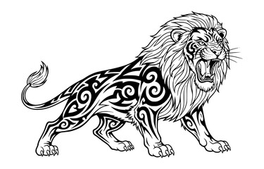 Obraz premium Aggressive lion with tribal markings, roaring, isolated on white background
