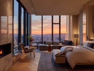 Fototapeta premium Luxury Hotel Room with City View at Sunset