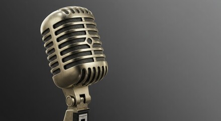 Vintage silver microphone gleams under studio lights, capturing the essence of classic broadcasting, podcasting, and musical performance for timeless audio storytelling.