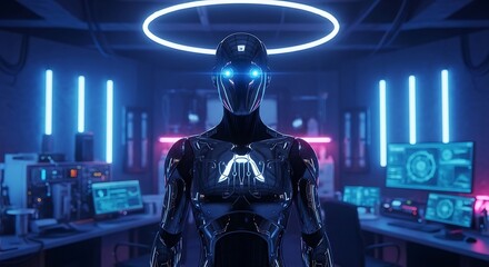 Cybernetic Sentinel - A Futuristic AI Guardian in Neon-Lit Command Center.
