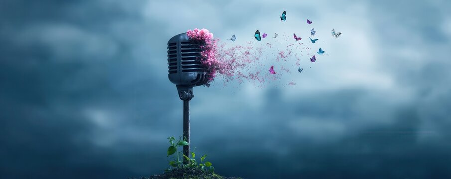 A vintage microphone surrounded by vibrant butterflies and pink petals, symbolizing creativity and transformation in a whimsical atmosphere.