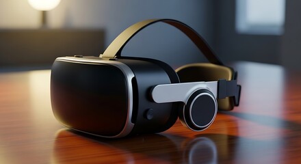 Virtual Reality Headset on Wooden Table - Immersive Technology Experience.