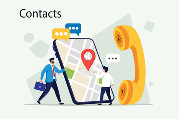 Illustration of two businessmen interacting with a giant smartphone displaying a map and a vintage telephone receiver, symbolizing contact information and location services