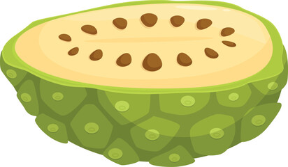 Half of soursop fruit showing seeds and textured green rind