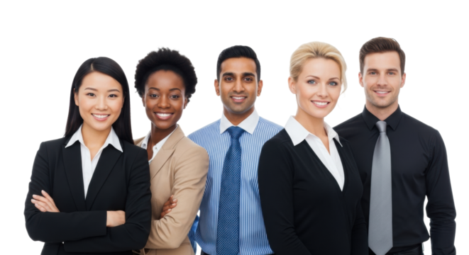 Diverse group of five business professionals (men, women, various ethnicities) in business attire, smiling confidently on white studio background, concept of professional diversity and unity