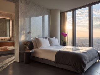 Modern Luxury Hotel Bedroom with City View at Sunset