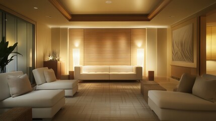 Contemporary stress-relief living room featuring clean lines, light colors, comfortable seating, and subtle lighting for a calming effect