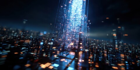 A futuristic cityscape illuminated by vibrant lights and digital elements, conveying a sense of advanced technology and dynamic movement.