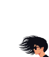 Vector art of closeup profile of a person with long, dark hair blowing in the wind and wearing sunglasses, conveying a sense of freedom and style
